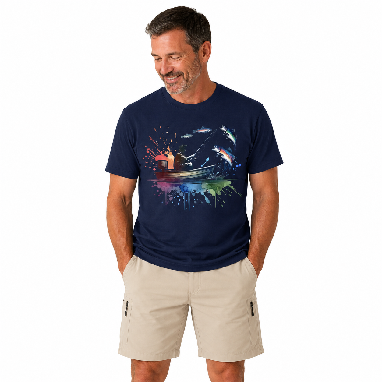 Man wearing a navy blue t-shirt with a colorful graphic design on a white background