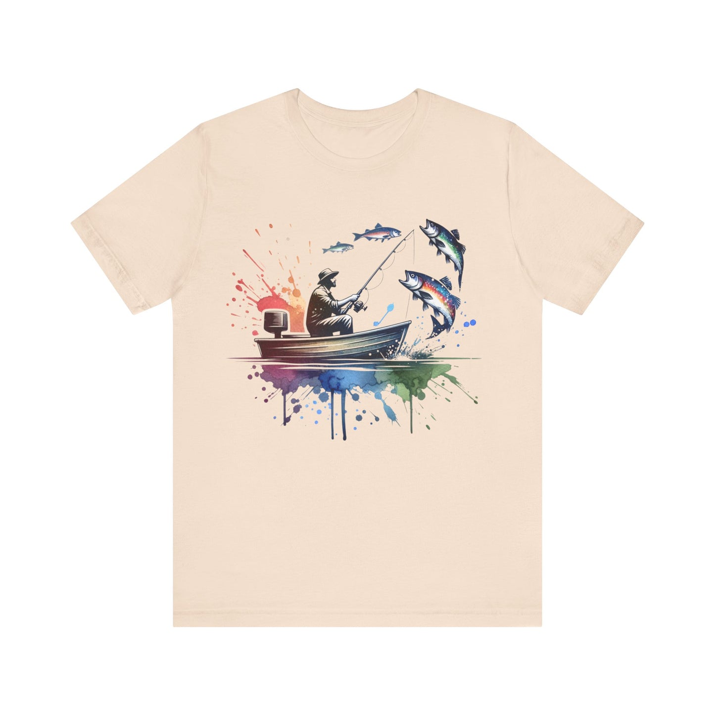 Beige t-shirt with a colorful graphic of a fisherman and fish on a white background
