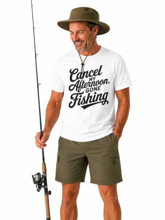Man wearing a white t-shirt with 'Cancel My Afternoon Gone Fishing' text, holding a fishing rod.