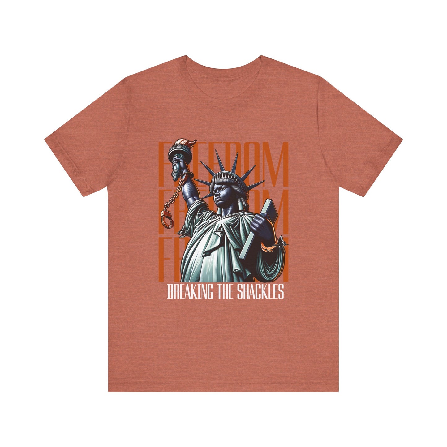 T-shirt with a graphic of the Statue of Liberty and text on a white background