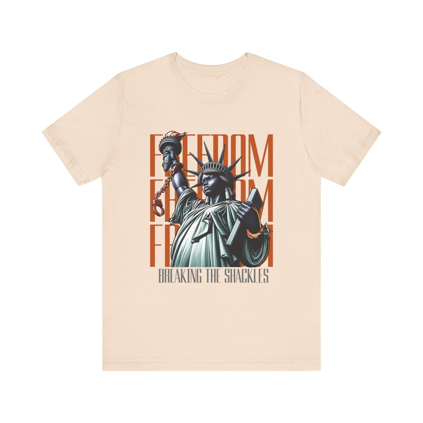 Soft cream t-shirt with a graphic of the Statue of Liberty and 'Freedom' text on a white background