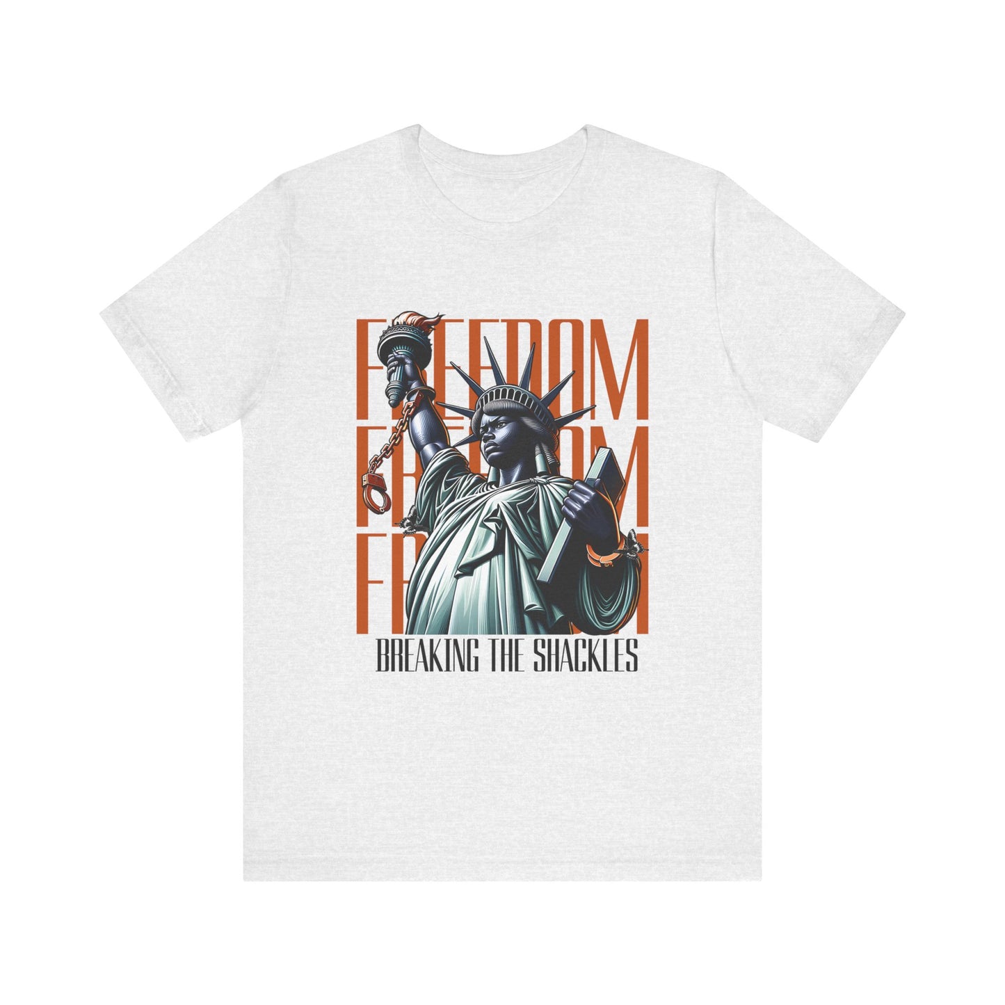 White t-shirt with Statue of Liberty graphic and 'Freedom' text on a white background