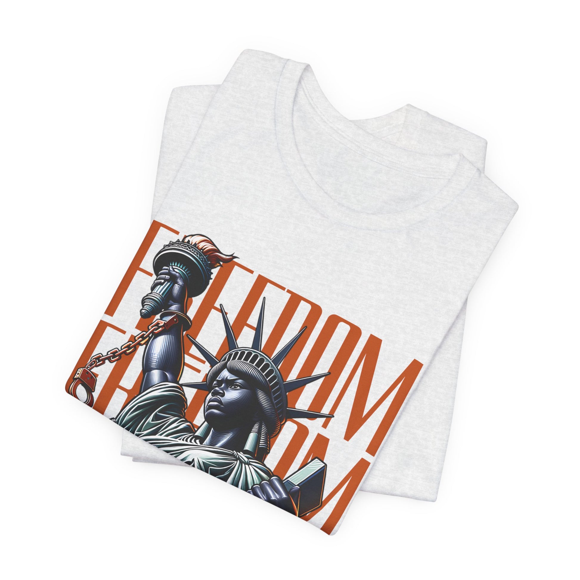 White t-shirt with Statue of Liberty graphic and 'Freedom' text on a white background