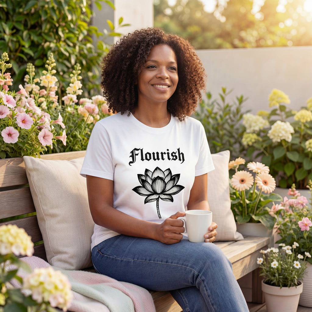 Woman sitting on a bench outdoors holding a mug, wearing a t-shirt with 'Flourish' and a lotus design.