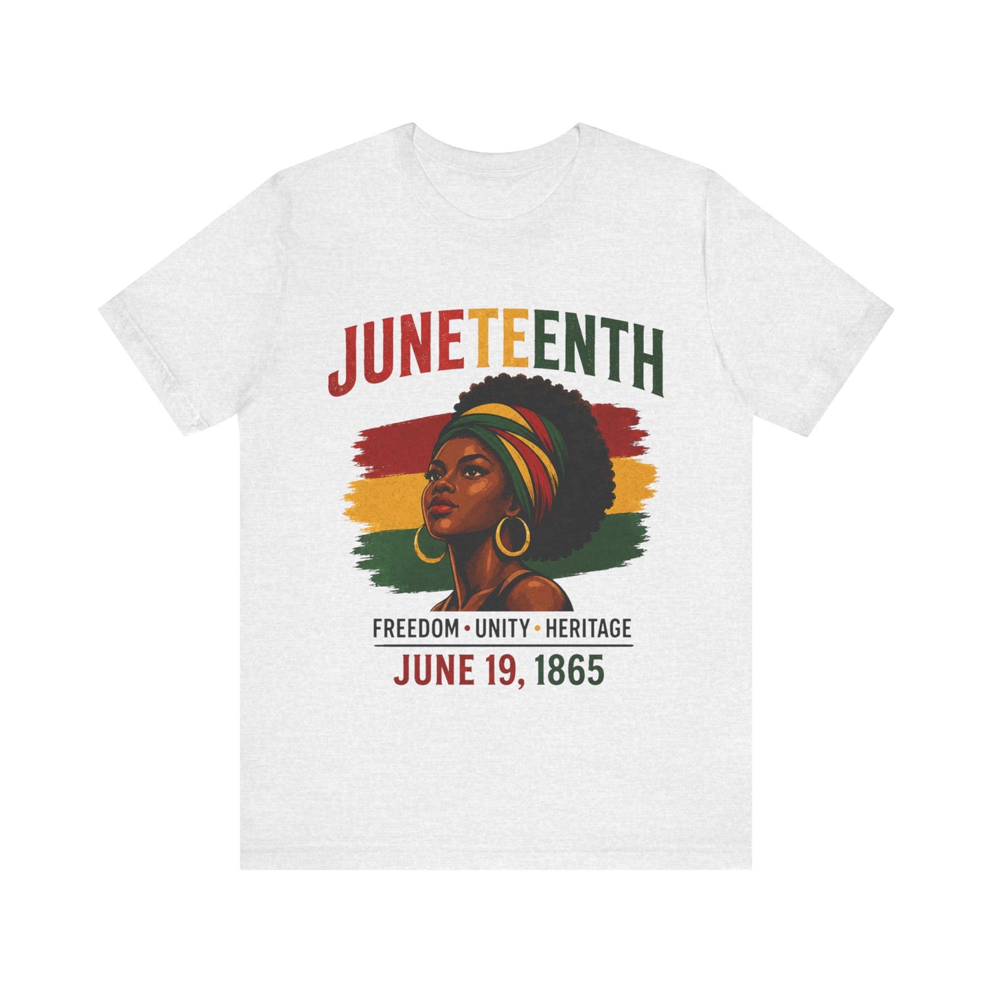 Ash white t-shirt with Juneteenth design featuring a woman with a colorful afro on a white background.