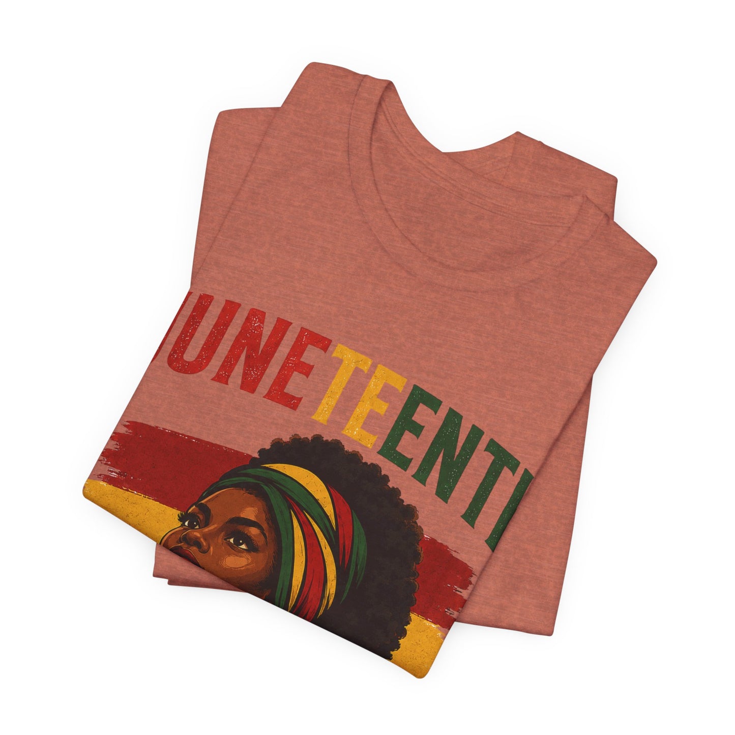 Folded t-shirt with 'Juneteenth' design on a white background