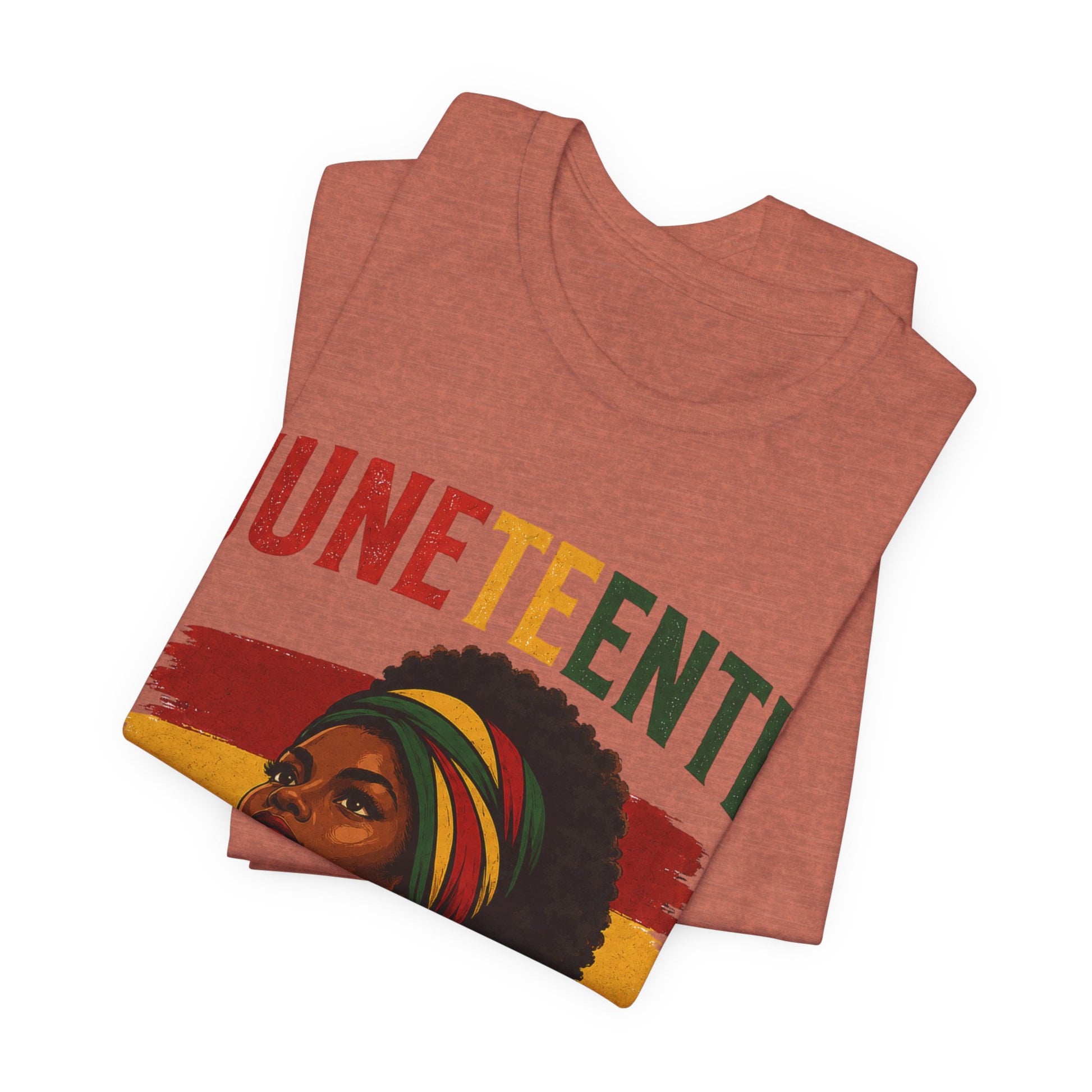 Folded t-shirt with 'Juneteenth' design on a white background