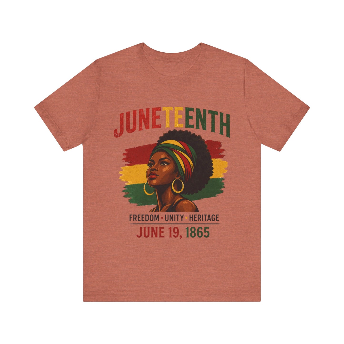 T-shirt with Juneteenth design featuring a woman's portrait and text on a white background