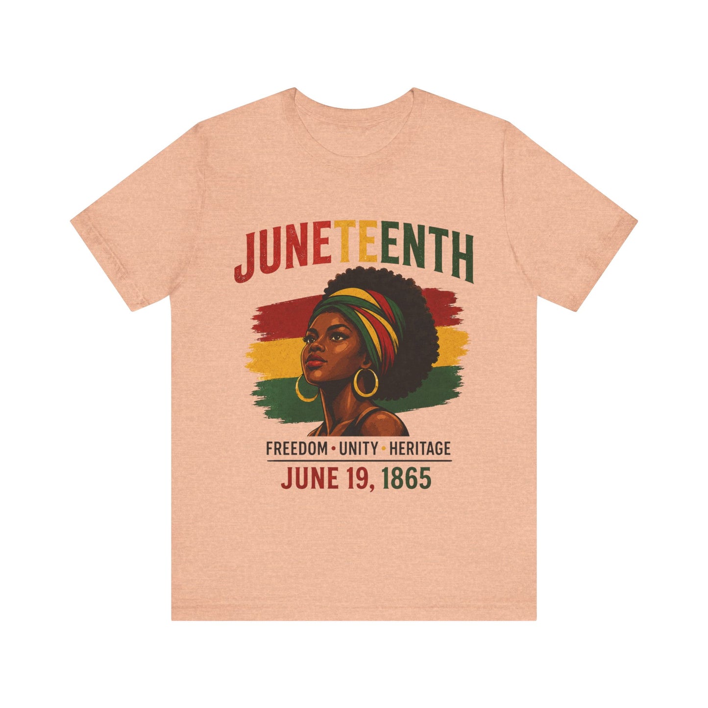 Heather peach t-shirt with Juneteenth design featuring a woman with a colorful afro on a white background.