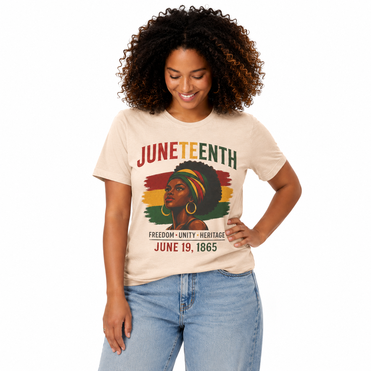Woman wearing a 'Juneteenth' t-shirt with a graphic of a woman with a red, yellow, and green afro.