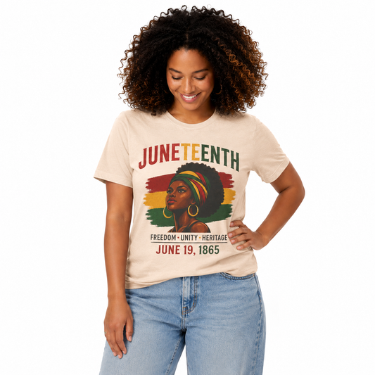 Woman wearing a 'Juneteenth' t-shirt with a graphic of a woman with a red, yellow, and green afro.