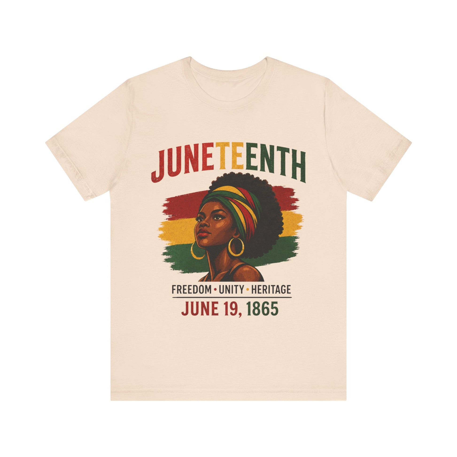 Soft cream t-shirt with Juneteenth design featuring a woman with a colorful afro on a white background.