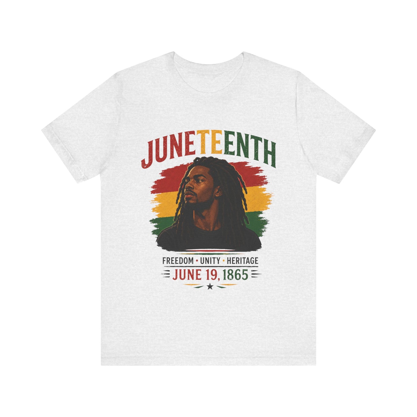 Ash white t-shirt with Juneteenth design featuring a person and text on a white background