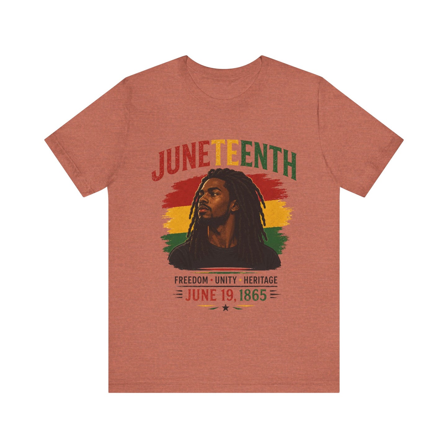 T-shirt with Juneteenth design featuring a person's portrait and text on a white background