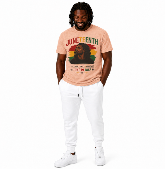 Man wearing a 'Juneteenth' t-shirt with a graphic of a person and text on a white background