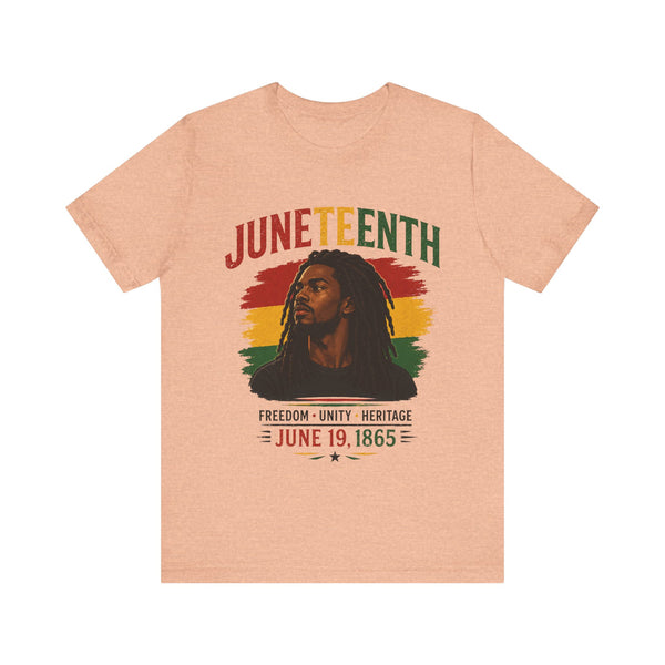 Heather peach t-shirt with Juneteenth design featuring a person with dreadlocks and text.