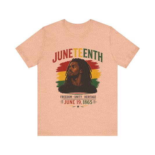 Heather peach t-shirt with Juneteenth design featuring a person with dreadlocks and text.