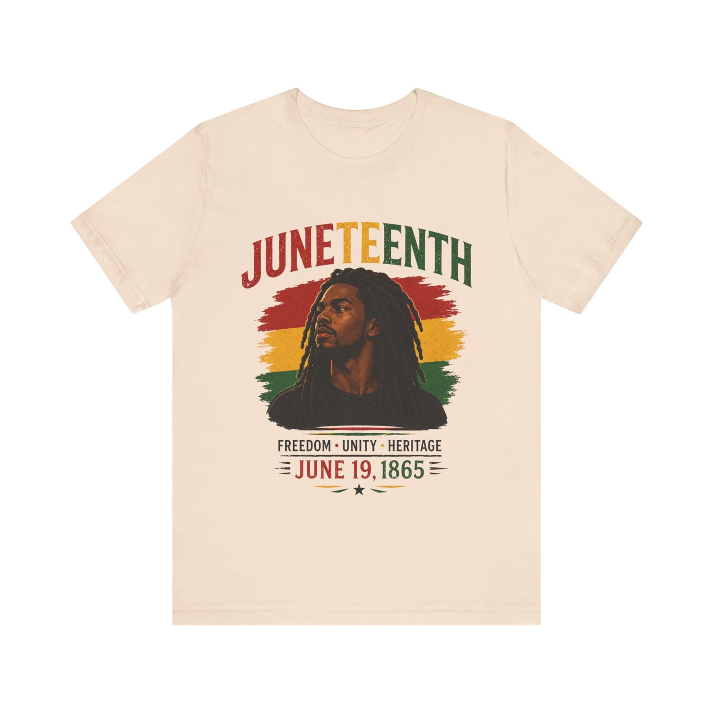 Soft cream t-shirt with Juneteenth design featuring a person with dreadlocks and text.