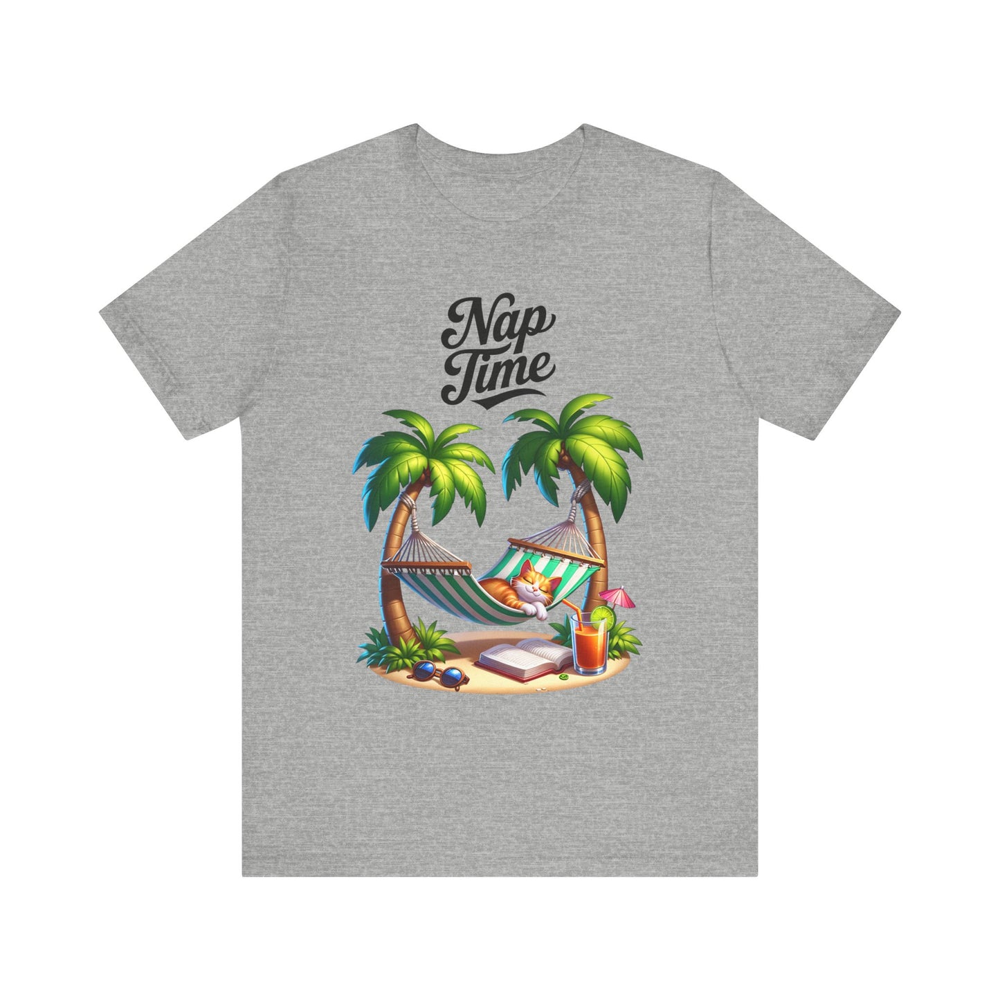 Tropical summer graphic shirt in heather gray flat lay with beach design