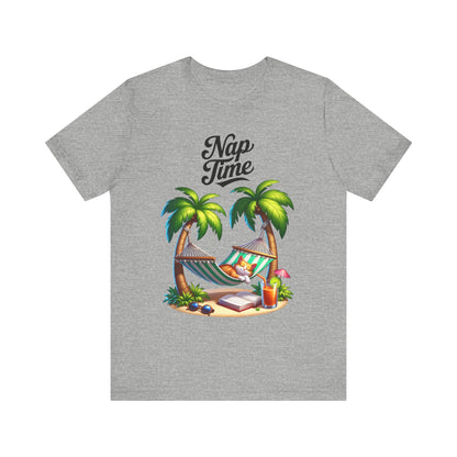 Tropical summer graphic shirt in heather gray flat lay with beach design