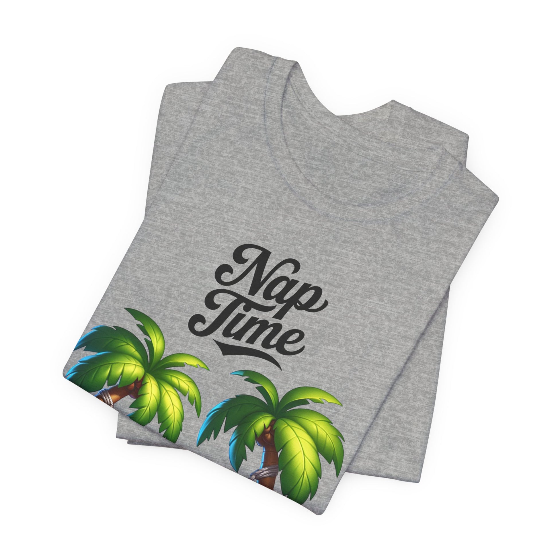Tropical summer graphic shirt in heather gray folded with beach design