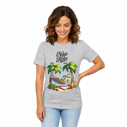 Tropical summer graphic shirt in heather gray lifestyle with beach design