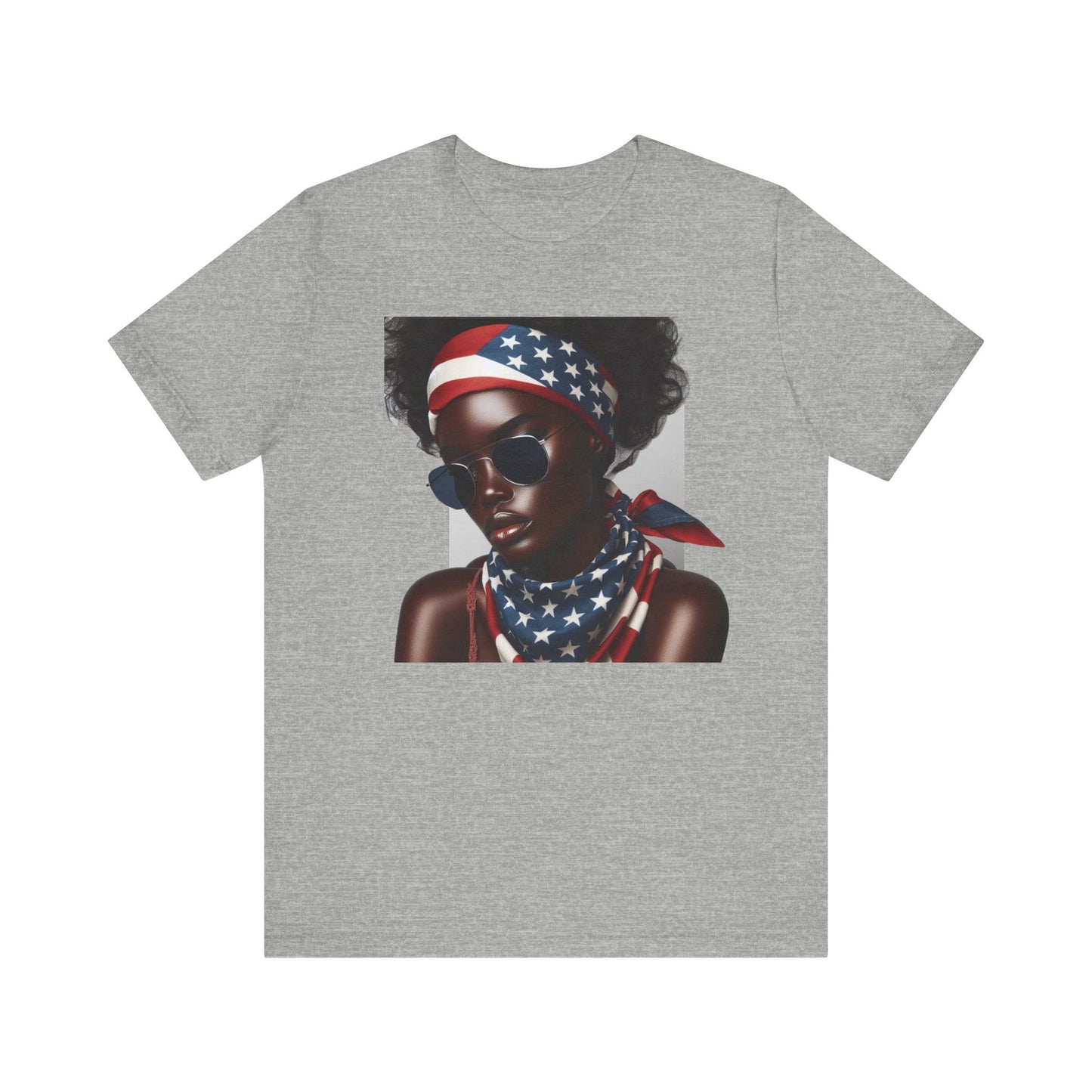 Heather Gray t-shirt with a graphic of a person wearing an American flag headband and sunglasses on a white background