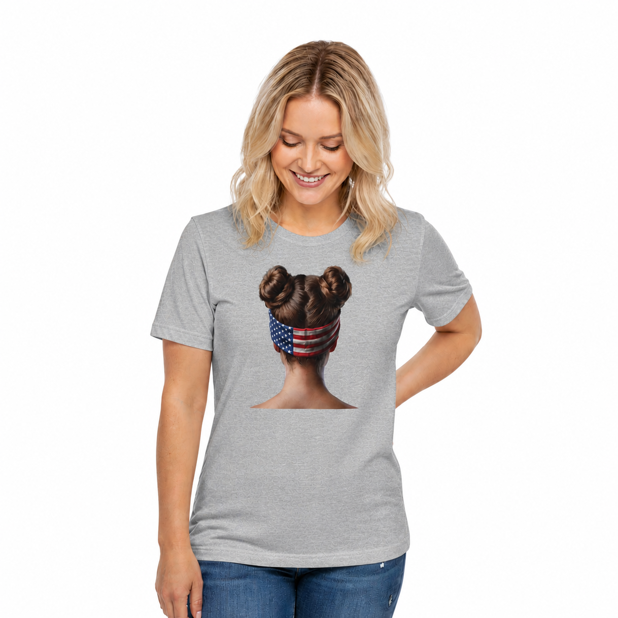 Heather gray t-shirt on a female with a graphic of a person with braided hair wearing an American flag headband on the back.
