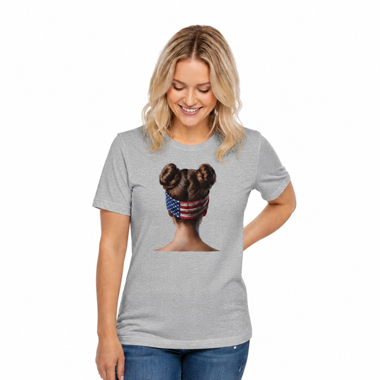 Heather gray t-shirt on a female with a graphic of a person with braided hair wearing an American flag headband on the back.