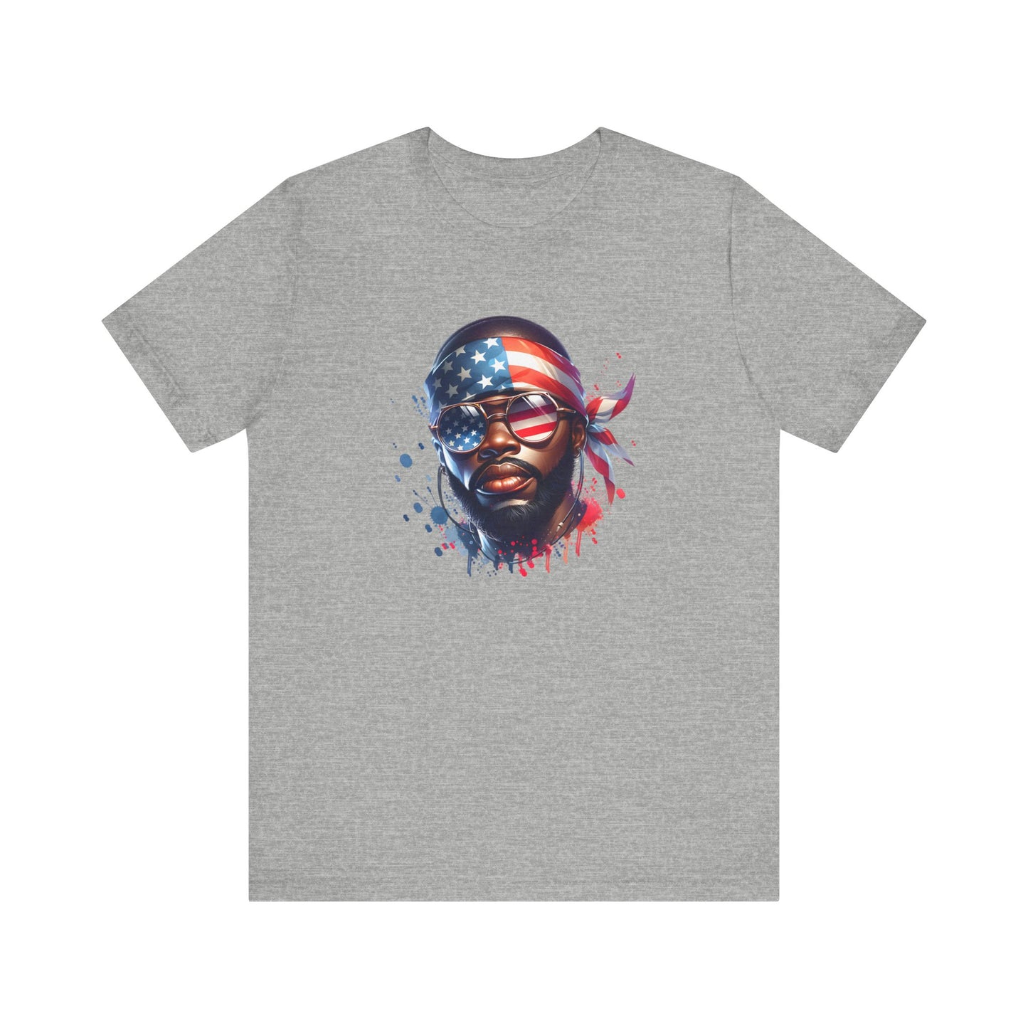 Heather gray t-shirt with a graphic of a person wearing an American flag bandana on a white background