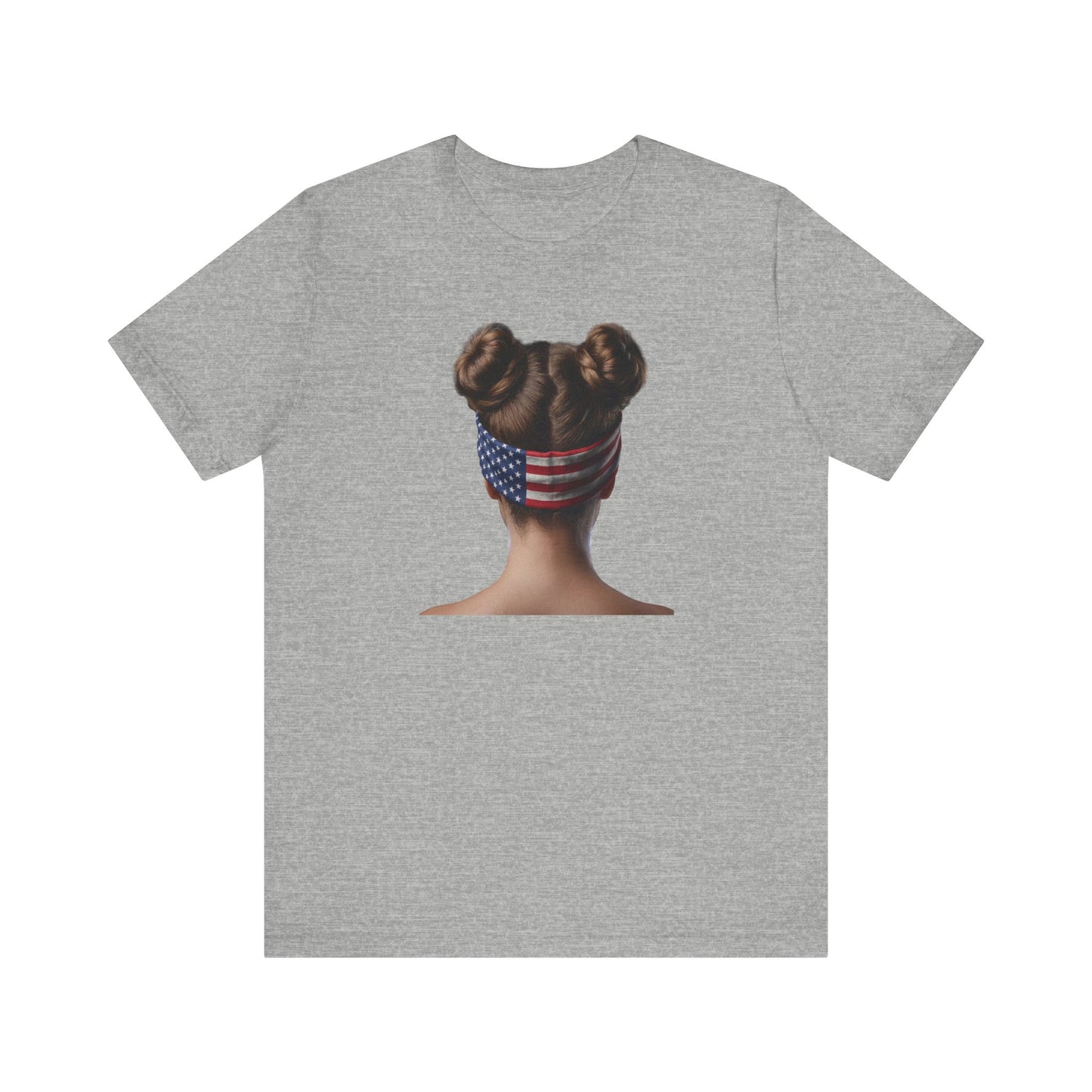 Heather gray t-shirt with a graphic of a person with braided hair wearing an American flag headband on the back.