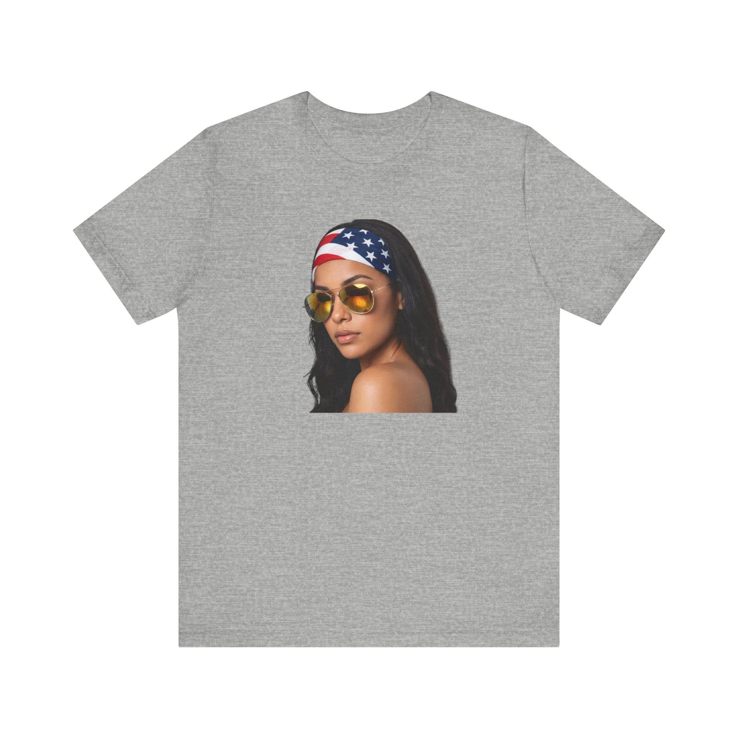 Heather gray t-shirt with a graphic of a woman wearing an American flag headband on a white background