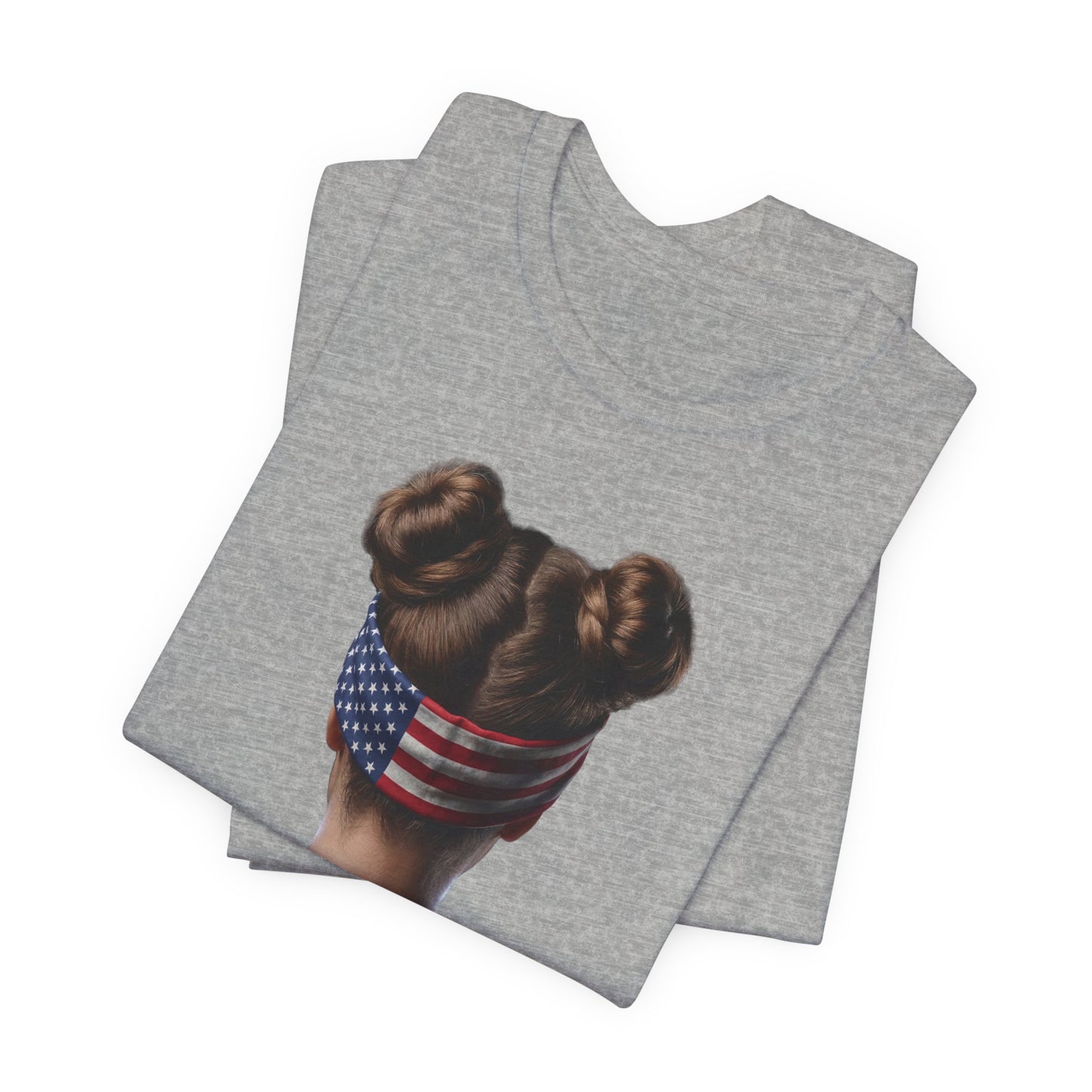 Heather gray t-shirt folded with a graphic of a person wearing an American flag headband on a white background