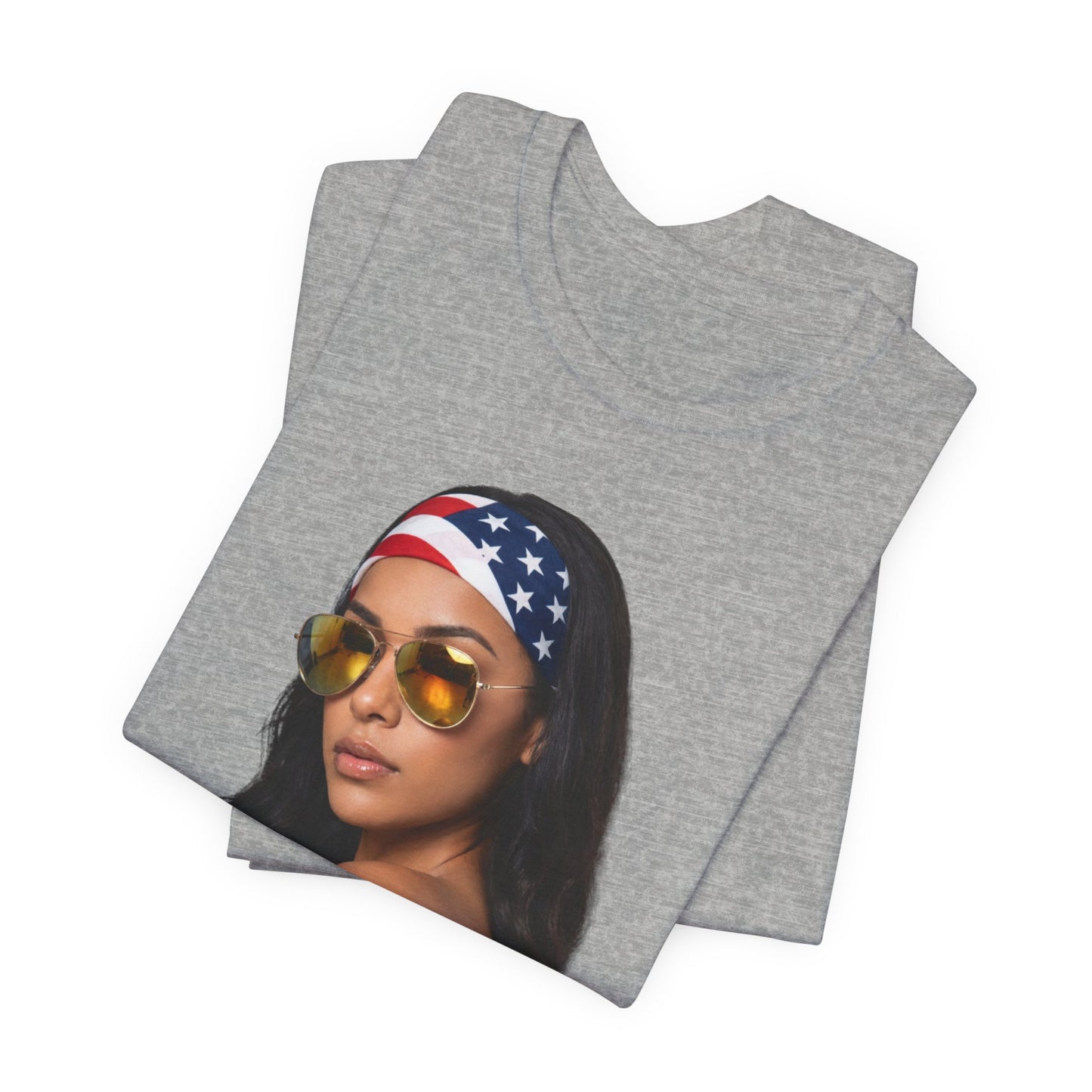 Gray t-shirt with a printed design of a woman wearing sunglasses and an American flag headband on a white background.