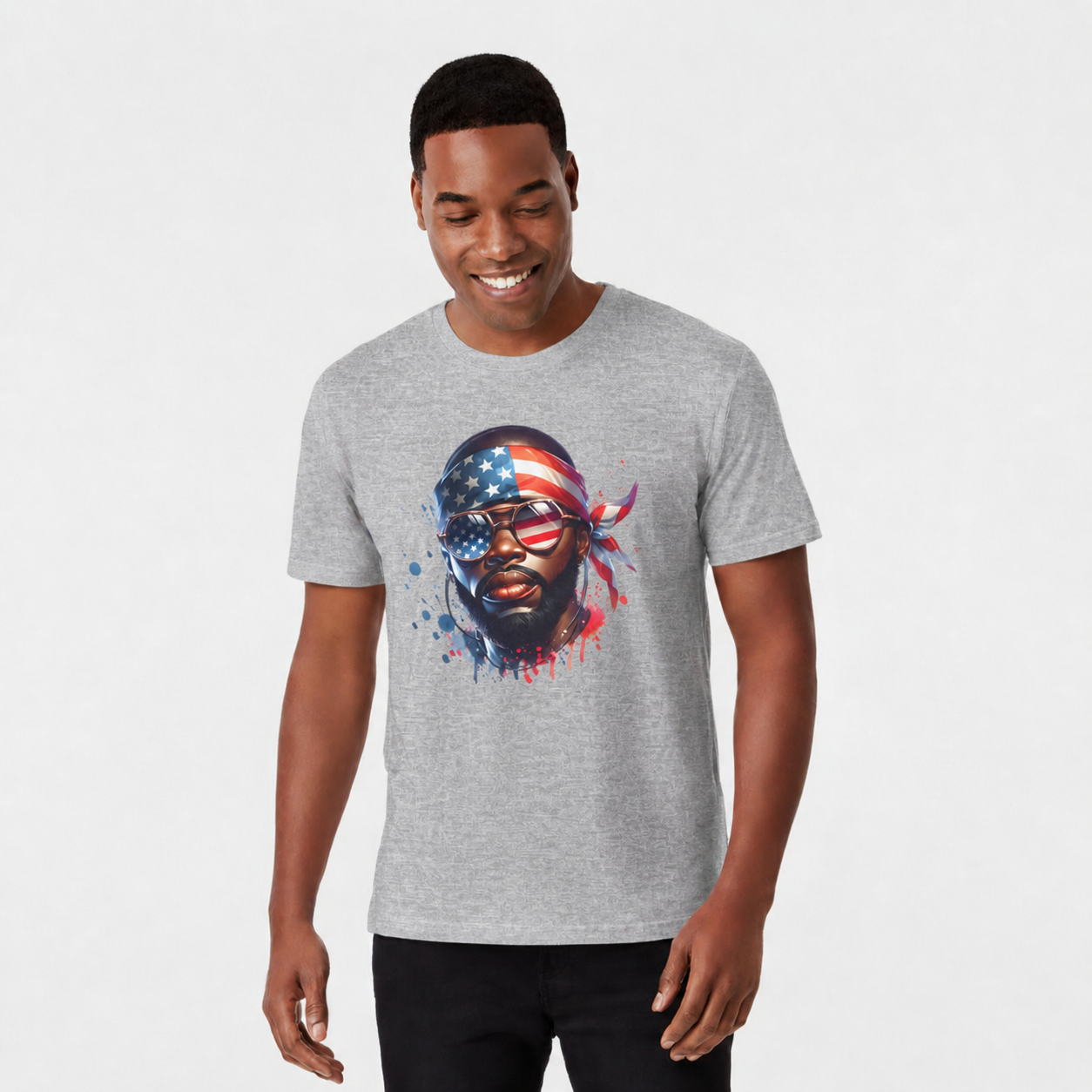 Heather navy t-shirt on a male with a graphic of a face wearing an American flag bandana on a white background