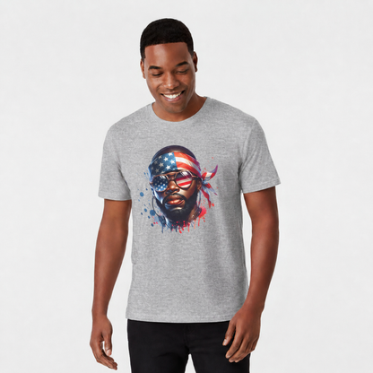 Heather navy t-shirt on a male with a graphic of a face wearing an American flag bandana on a white background