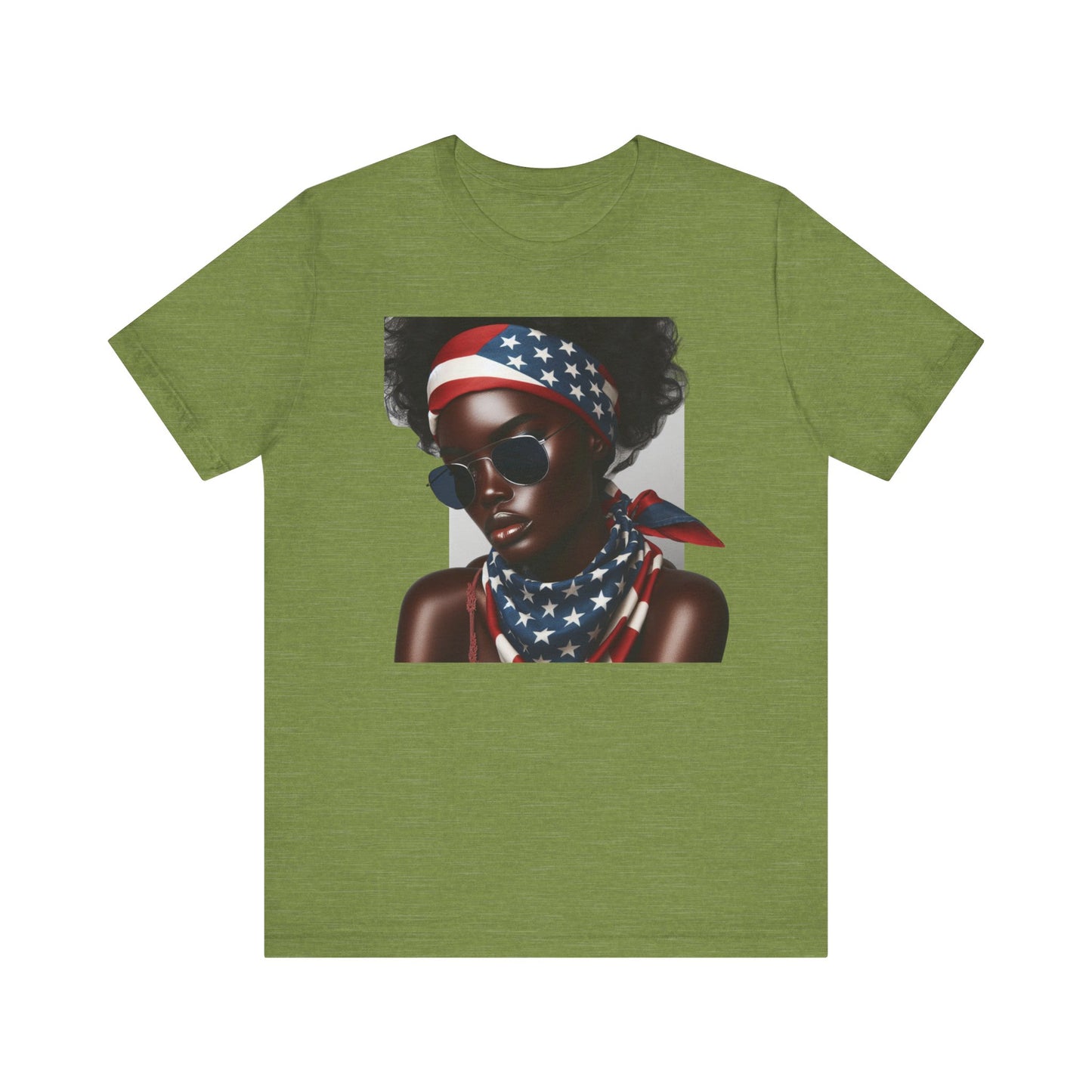 Green t-shirt with a graphic of a person wearing an American flag headband and scarf on a white background