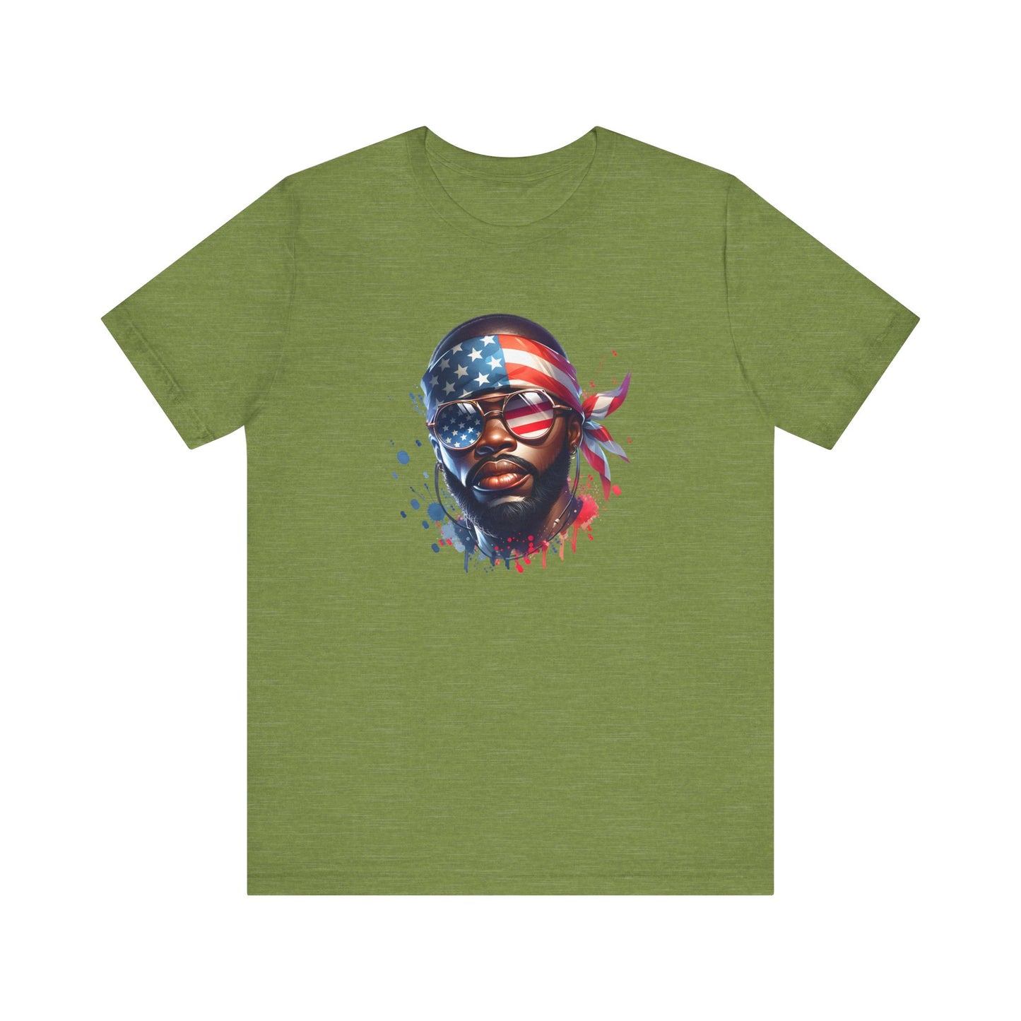 Heather green t-shirt with a graphic of a face wearing an American flag bandana on a white background