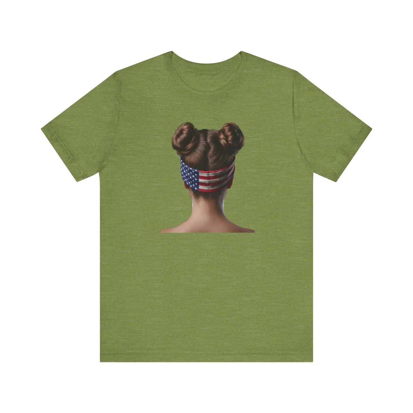 Heather green t-shirt with a graphic of a person with braided hair wearing an American flag headband on a white background