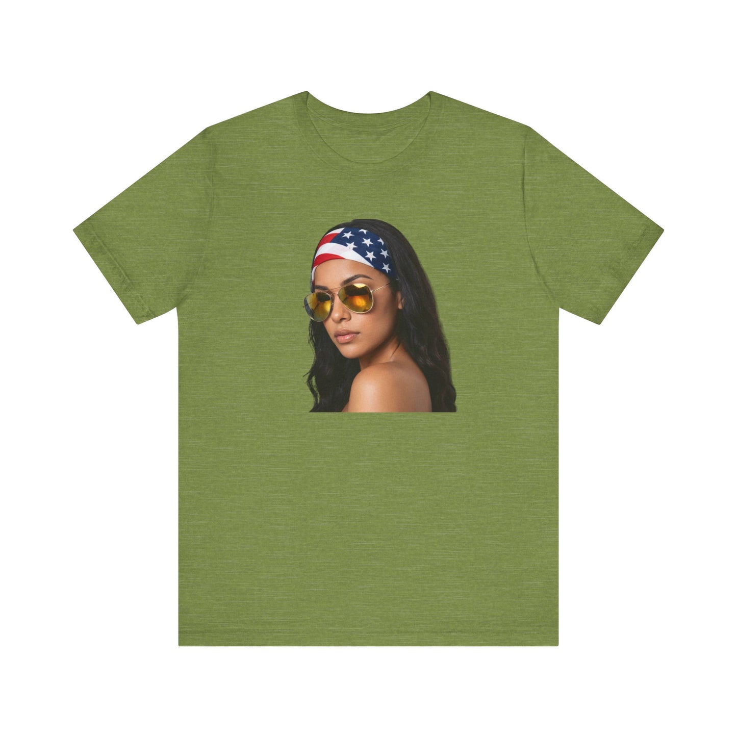 Heather green t-shirt with a graphic of a woman wearing sunglasses and an American flag headband on a white background.