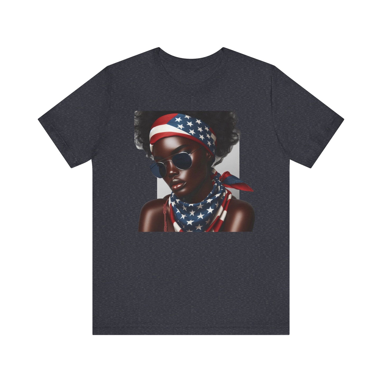 Navy blue t-shirt with a graphic of a person wearing an American flag headband and scarf on a white background