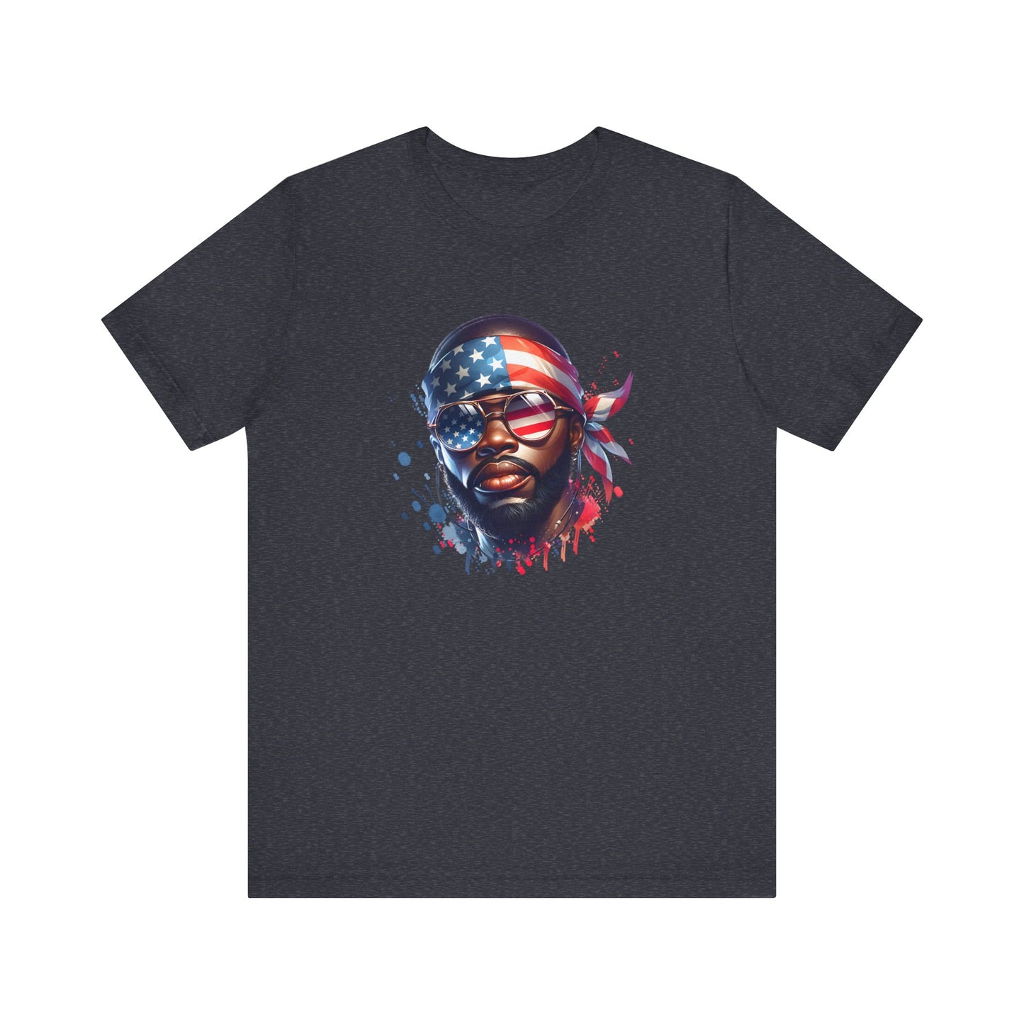 Heather navy t-shirt with a graphic of a face wearing an American flag bandana on a white background