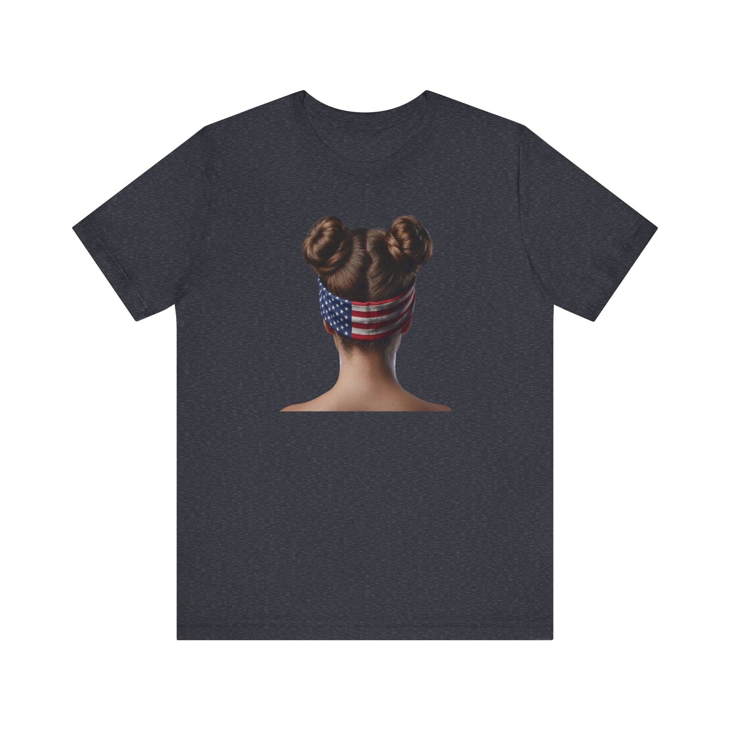 Heather navy t-shirt with a graphic of a person with braided hair wearing an American flag headband on the back.