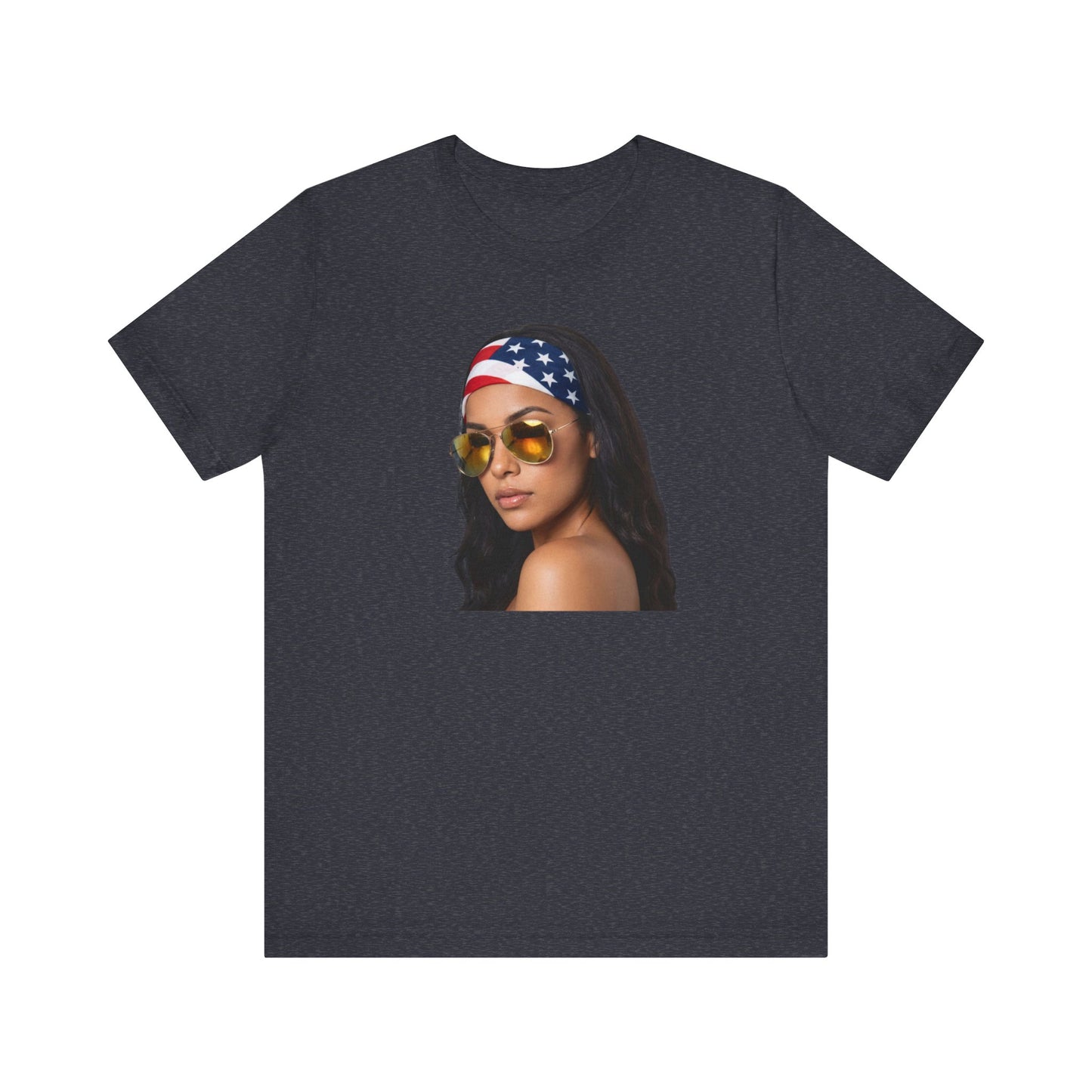 Heather navy blue t-shirt with a graphic of a woman wearing sunglasses and an American flag headband on a white background.