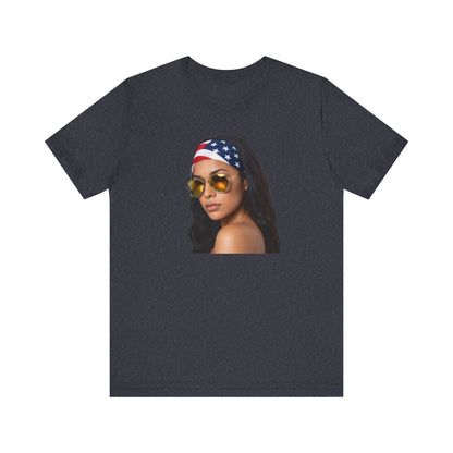 Heather navy blue t-shirt with a graphic of a woman wearing sunglasses and an American flag headband on a white background.