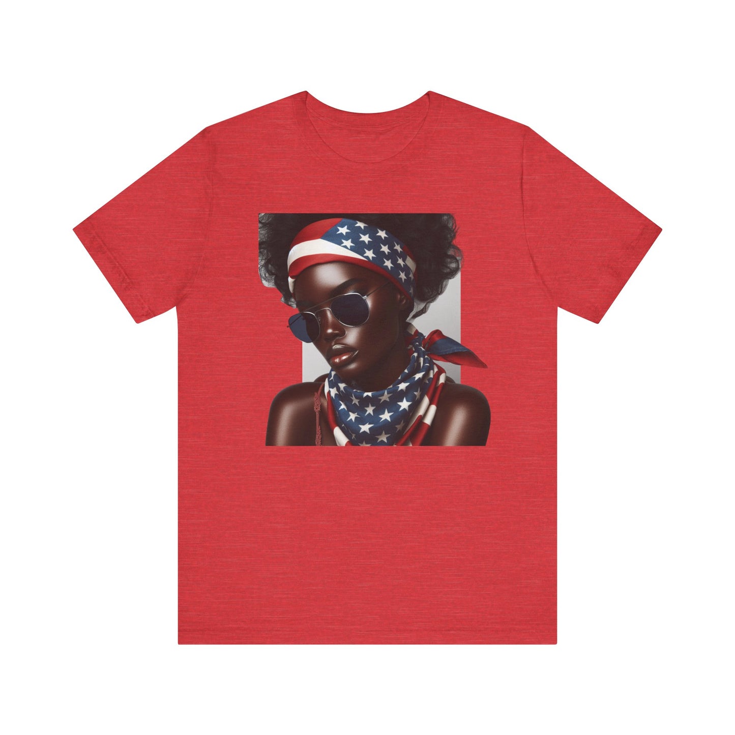 Heather red t-shirt with a graphic of a person wearing an American flag headband and scarf on a white background