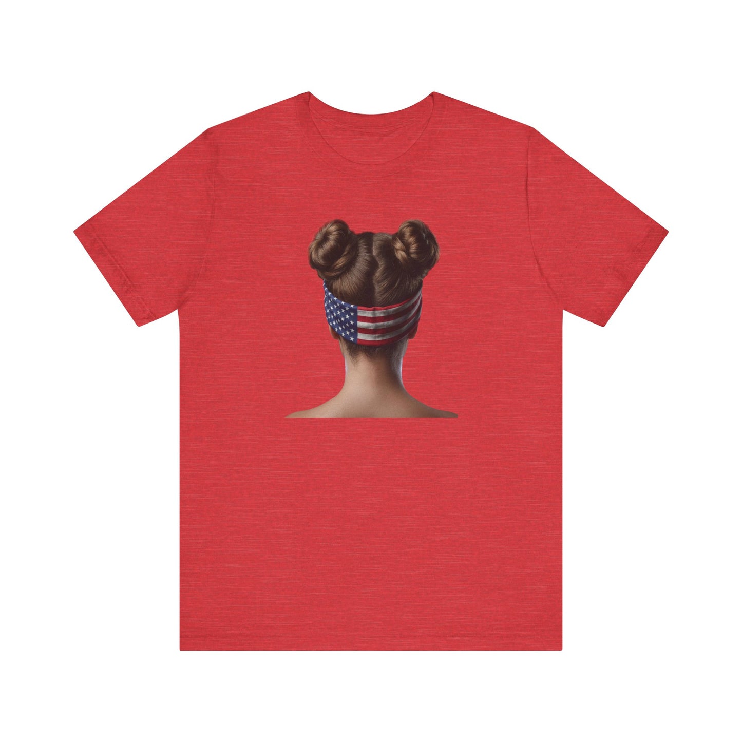 Heather red t-shirt with a graphic of a person with an American flag headband on a white background