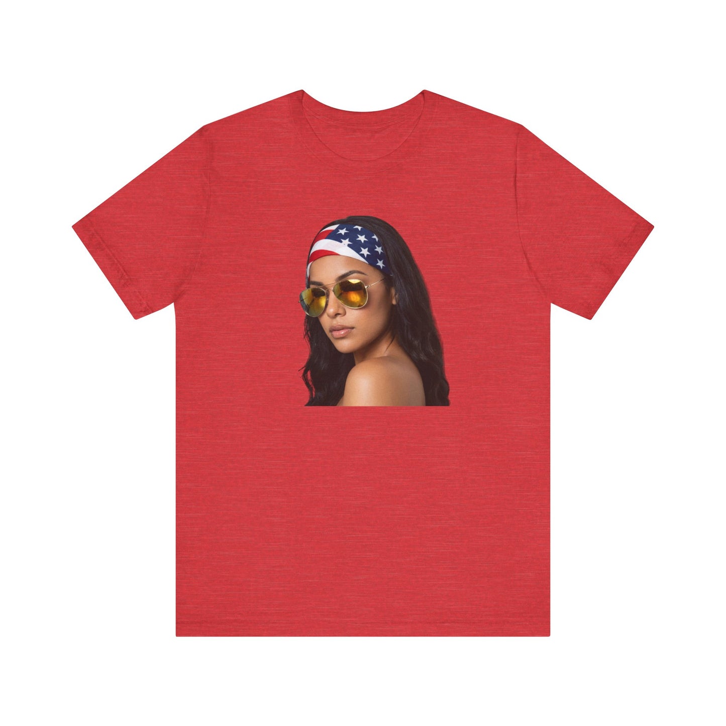 Heather red t-shirt with a graphic of a woman wearing sunglasses and an American flag headband on a white background.