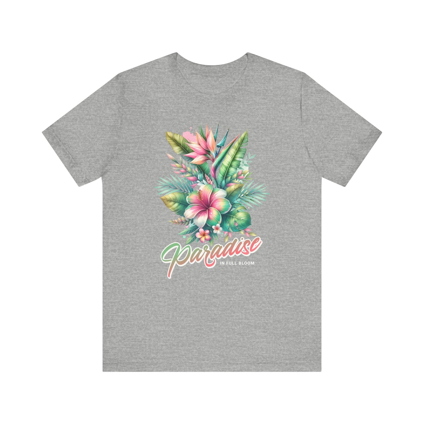 Tropical summer graphic shirt in flatlay heather gray with beach design