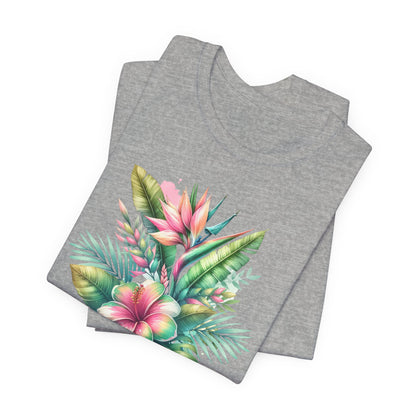 Tropical summer graphic shirt in heather gray folded with beach design